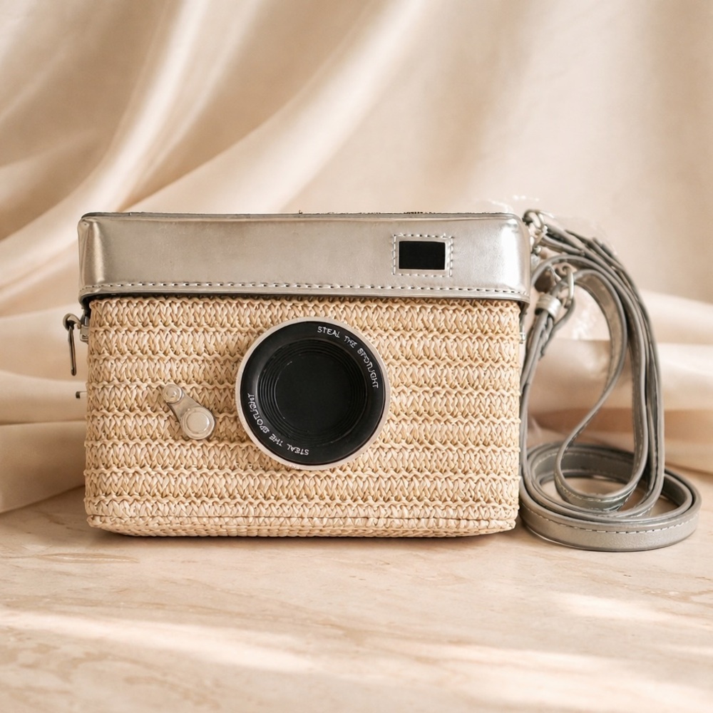 NWT Woven Straw Camera Crossbody Bag with Silver Trim